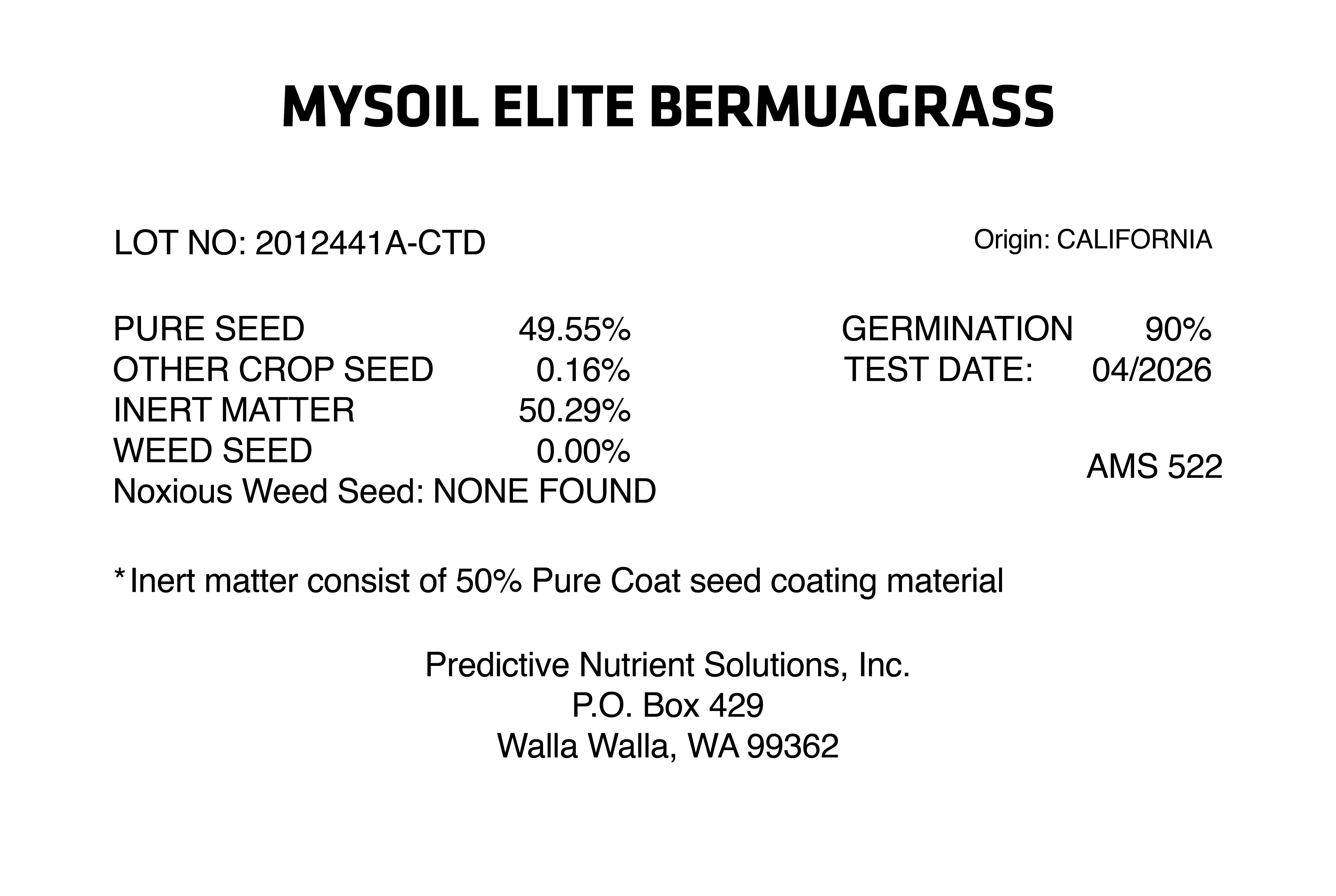 MySoil Elite Bermuagrass seed analysis report with details on purity, germination, and other components.