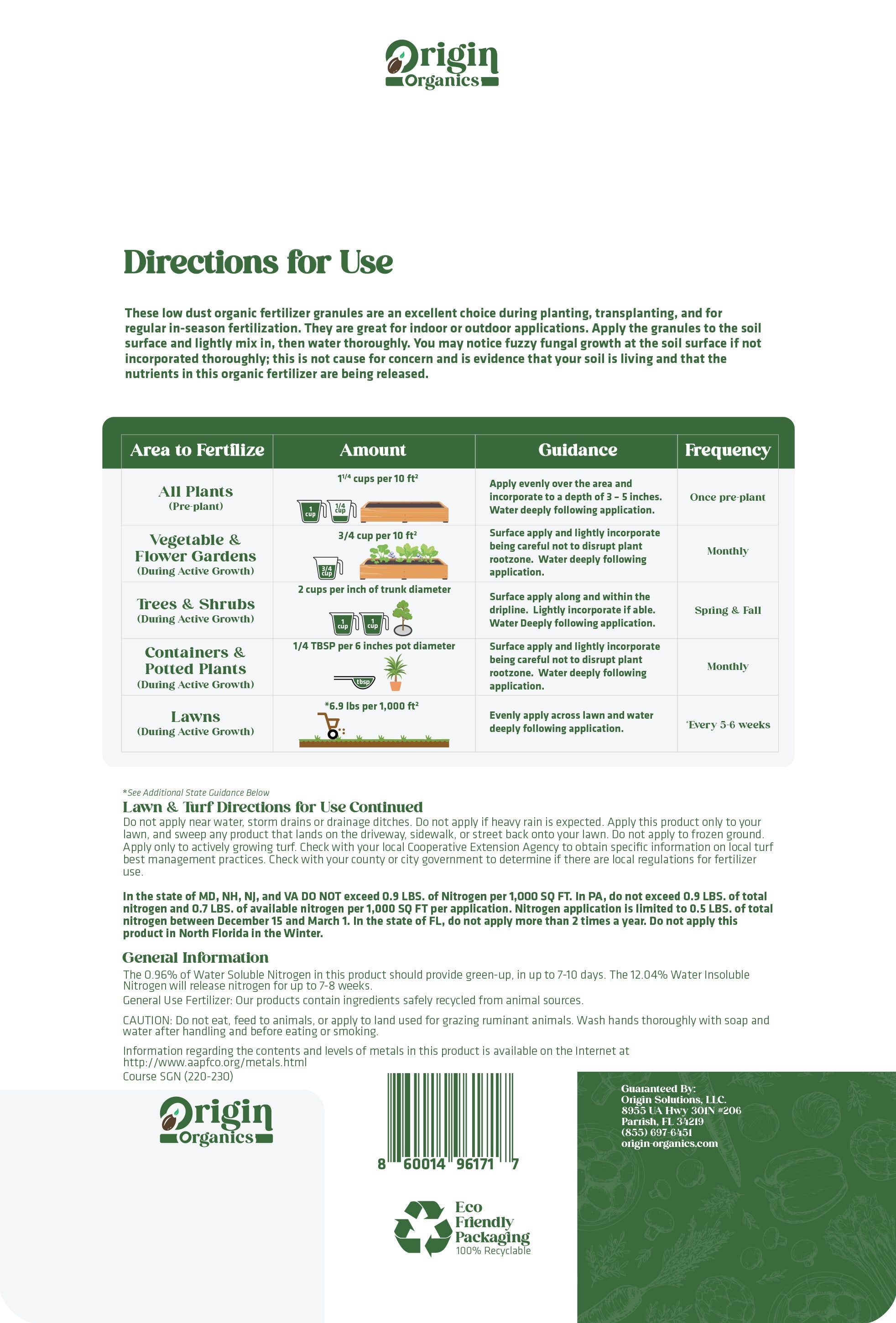 Back of Origin OMRI approved organic fertilizer bag with usage directions and branding