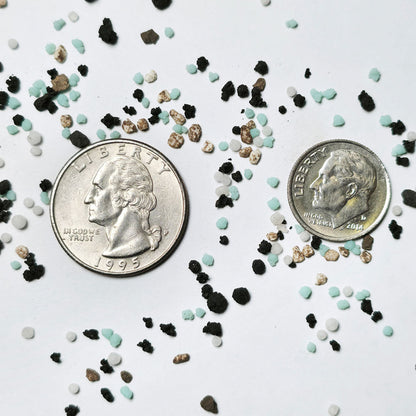 Curb appeal premium mini prills next to a quarter and a dime to show the scale of the 150 SGN granules