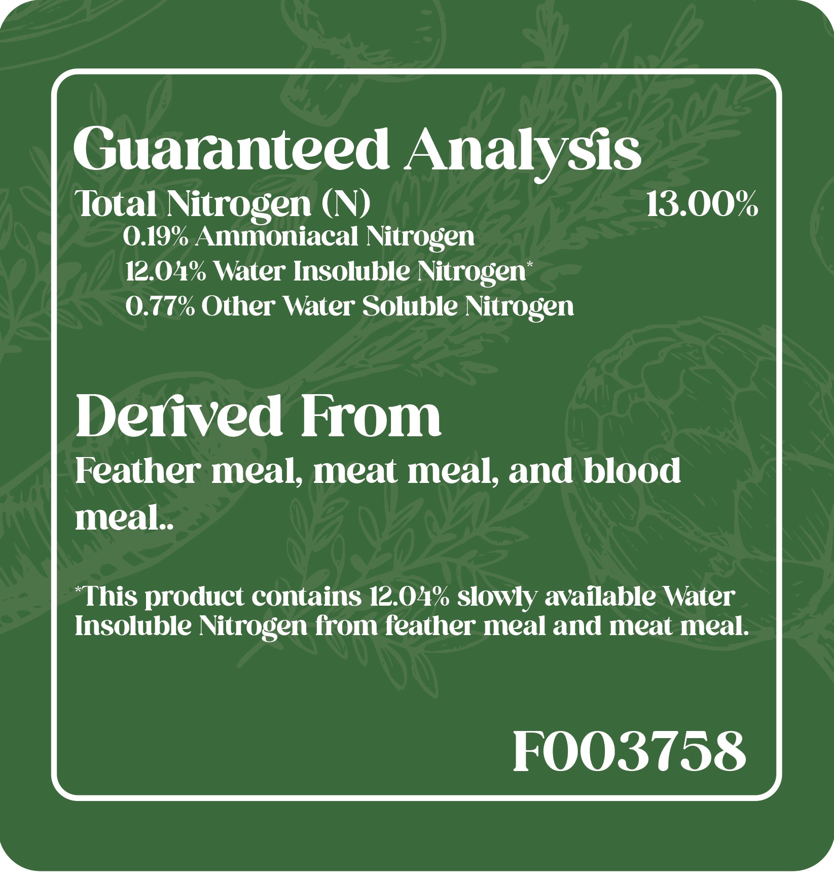 Guaranteed analysis label for Origin OMRI approved 13-0-0 organic fertilizer on a green background with leaf patterns.