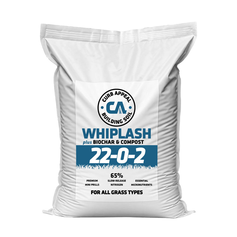 Bag of Whiplash premium granular lawn fertilizer with Curb Appeal logo on a white background