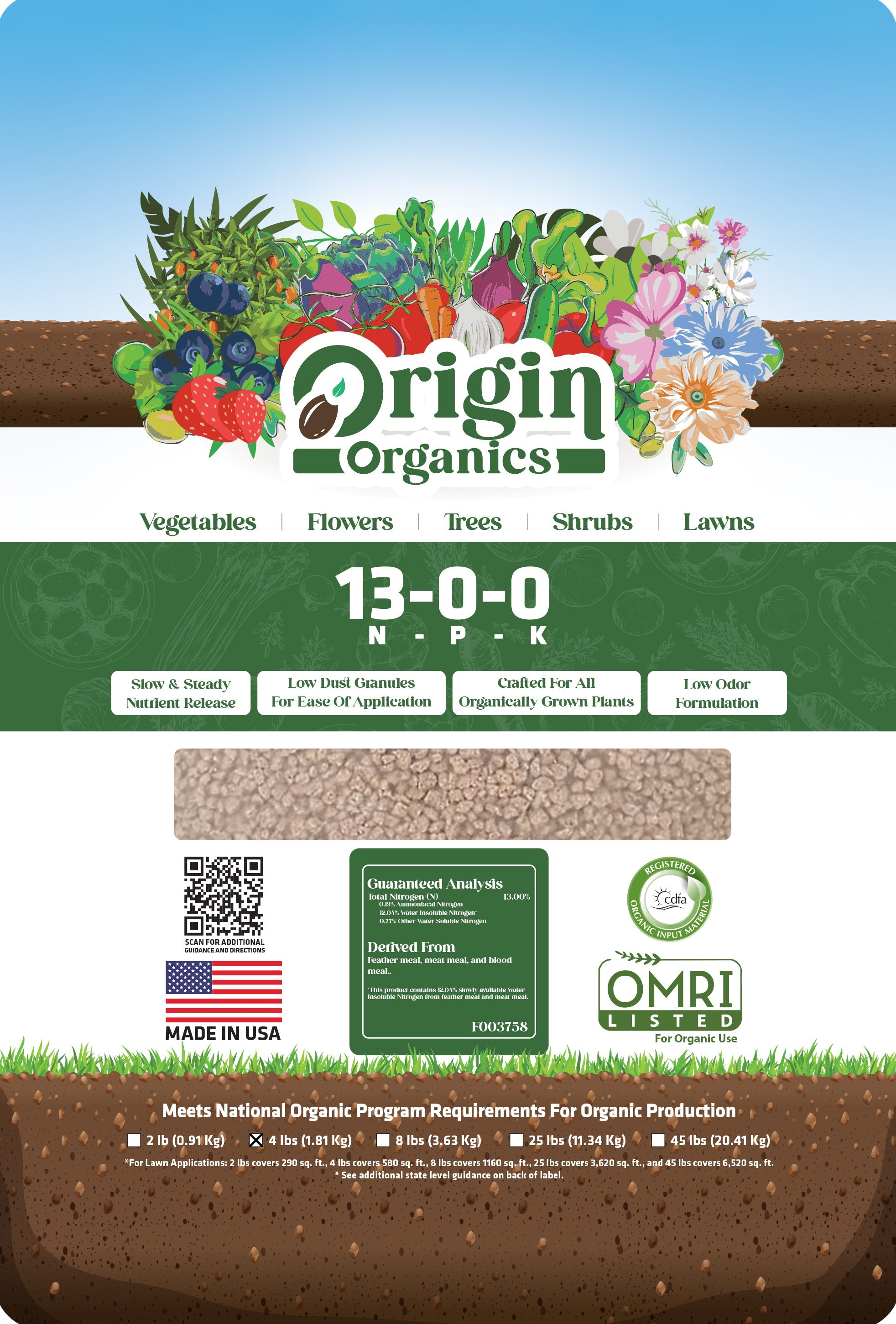 Origin 13-0-0 OMRI Certified organic slow-release nitrogen fertilizer
bag on a white background