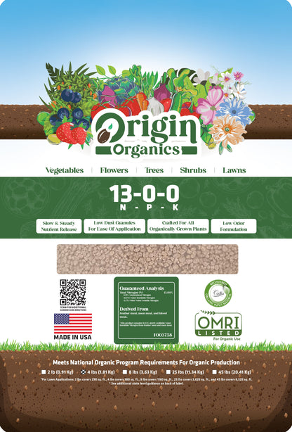 Origin 13-0-0 OMRI Certified organic slow-release nitrogen fertilizer
bag on a white background