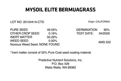 MySoil Elite Bermuagrass seed analysis report with details on purity, germination, and other components.