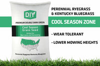 A bag of 'DIY Premium Double Dark Green', featuring 80% Perennial Ryegrass and 20% Kentucky Bluegrass. The bag has a green and white color scheme with text detailing the product type and grass varieties.