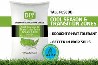 A bag of DIY Premium Double Dark Green Turf Type Tall Fescue grass seed, labeled as being drought and heat tolerant, suitable for cool season and transition zones, and better in poor soils.
