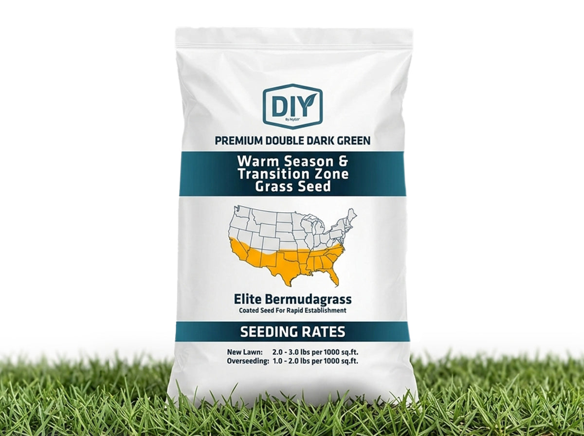 Bag of Elite Bermudagrass premium dark green fine-textured grass
seed in a lawn