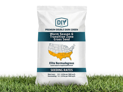 Bag of Elite Bermudagrass premium dark green fine-textured grass
seed in a lawn
