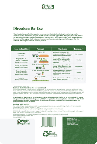 Back of Origin OMRI approved organic fertilizer bag with usage directions and branding