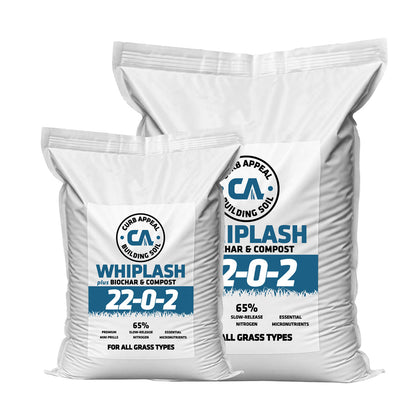 Two bags of Curb Appeal premium granular fertilizer for lawns and for Building Soil with labels on a white background