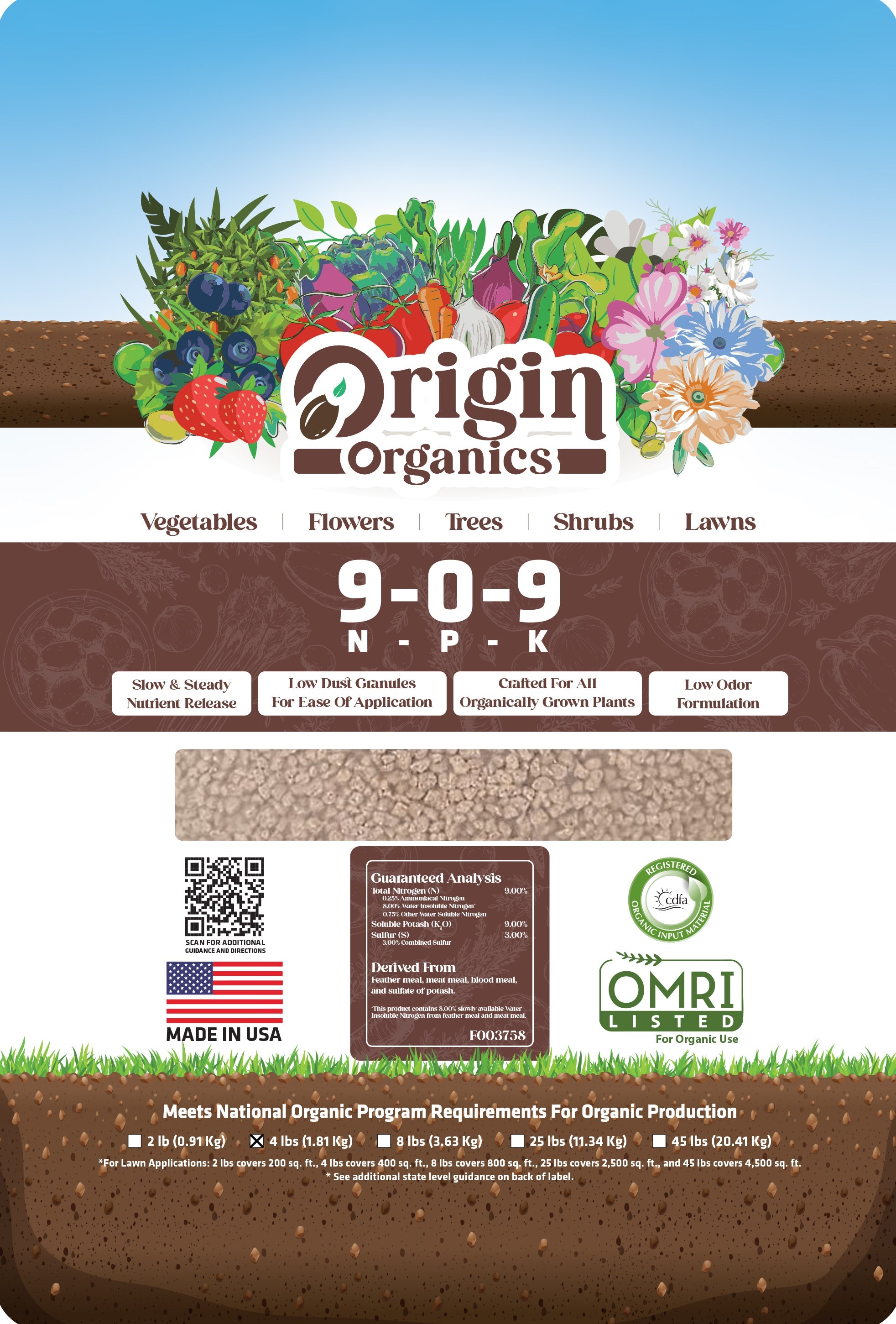 Origin 9-0-9 OMRI Certified Organic Fertilizer — No Phosphorus