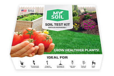 Packaging of MySoil soil test kit with a picture of tomatoes and garden plants, indicating that it is ideal for growing healthier plants.